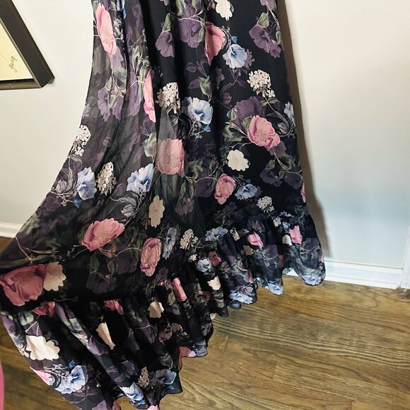 Nicholas Black Purple Floral 100% Silk Square Neckline A-Line Maxi Dress size 10 - Picture 10 of 14